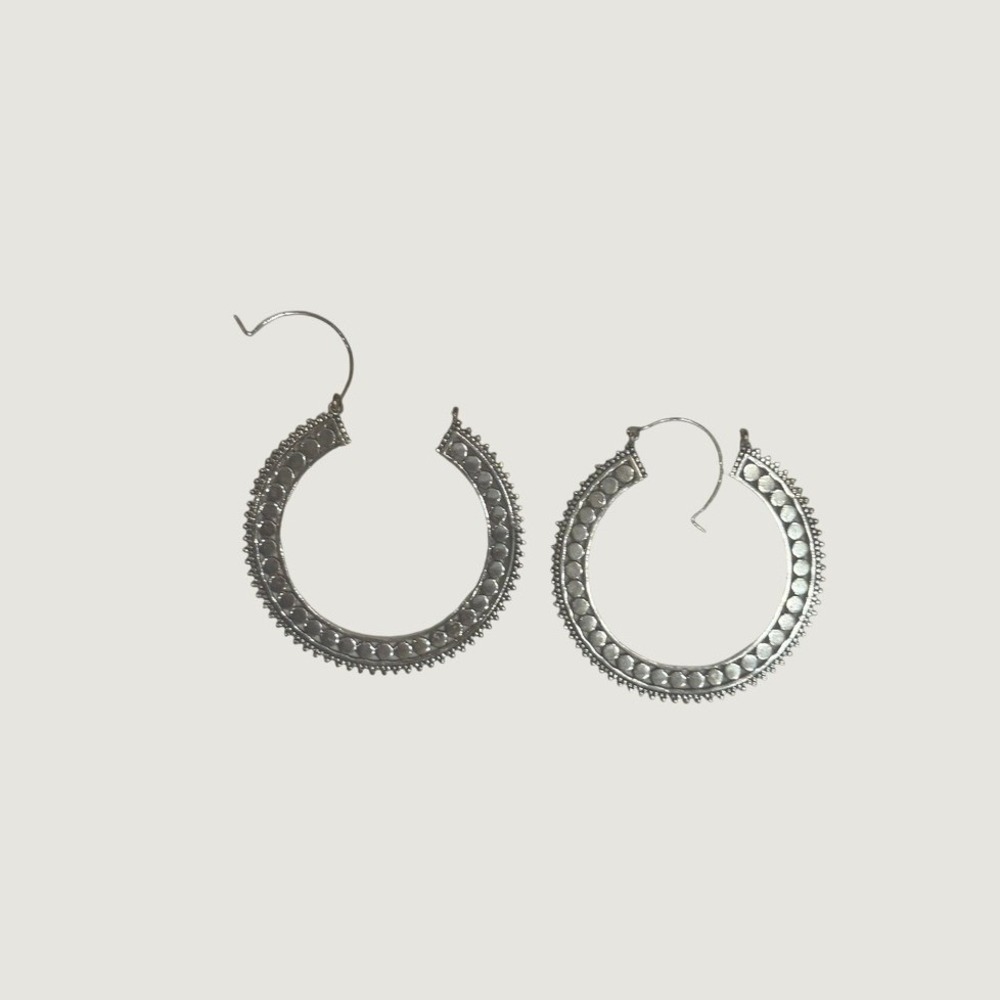 Boho Silver Tone Textured Studded Hoop Earrings Tribal Gypsy Festival Style - Picture 4 of 4